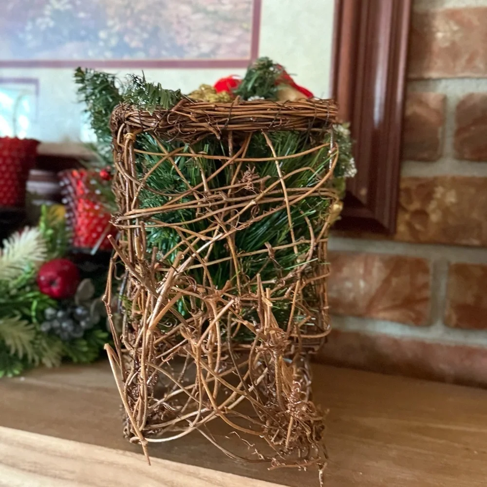 Vintage 1988 Holiday Decorative Wicker Sleigh with Greenery and Red Accents